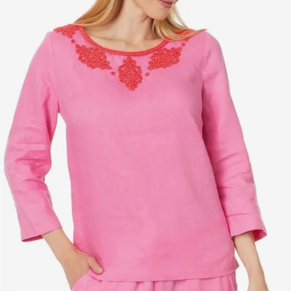 NWT Lilly Pulitzer Elyn Beaded 3/4 Sleeve Linen Top Women's 00